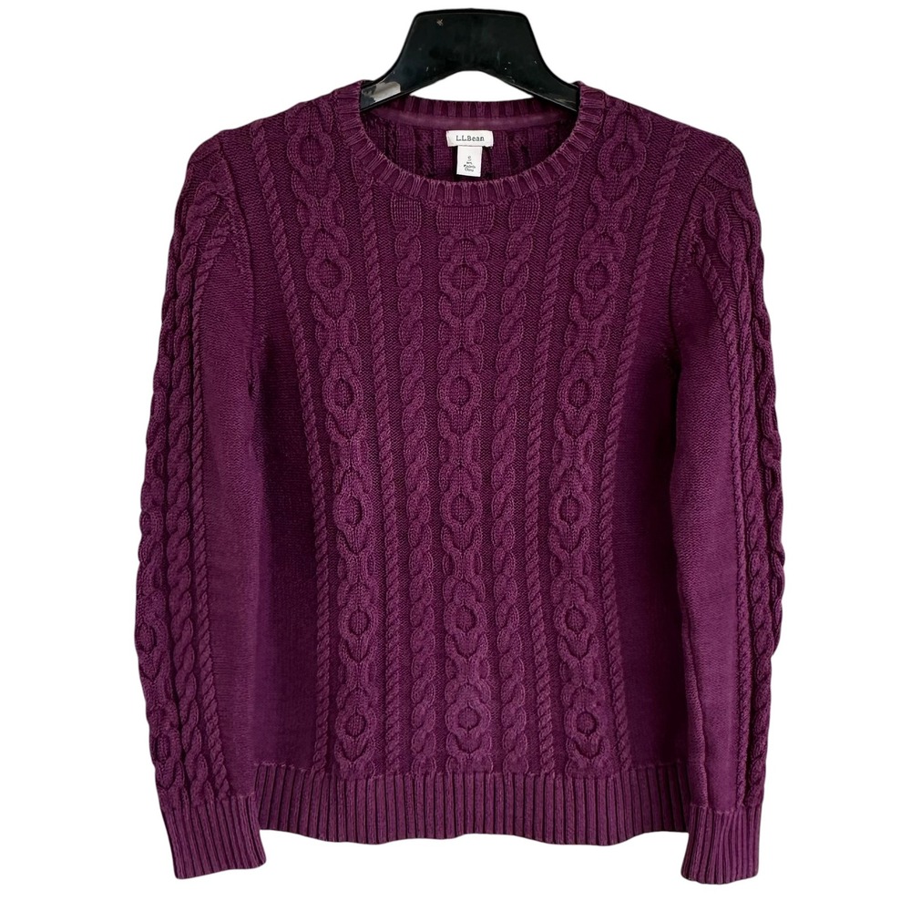LL Bean Womens Purple Cable Knit 100% Cotton Crewneck Sweater Plum Small